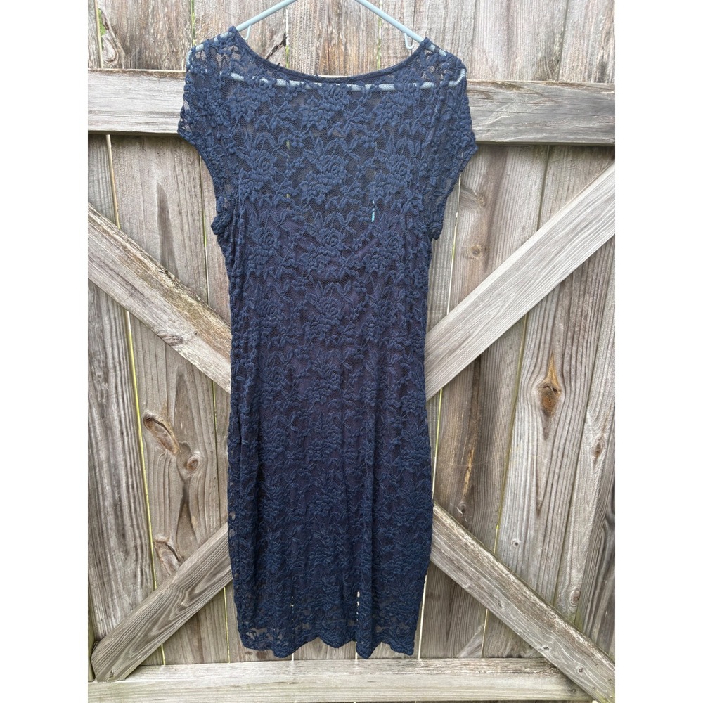 Navy Blue Floral Lace Cap Sleeve Sheath‎ Dress Size 12 BI55Q3202